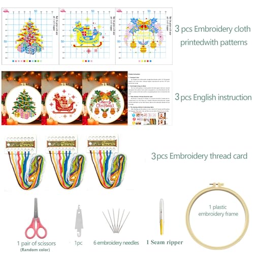 Image of Zhenqing Stamped Cross Stitch Kits for Adults Beginners, Christmas Cross Stitch Kit, 3 Pack Holiday Needlepoint Craft Set with Printed Pattern Fabric, Christmas Tree, Sleigh and Wreath Designs