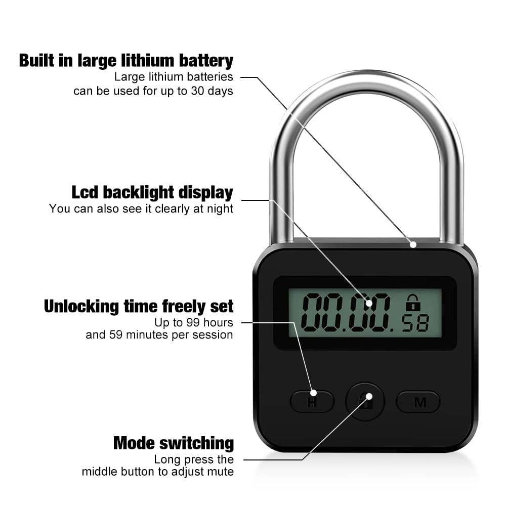 Bloqueo de Tiempo Inteligente, USB Recargable Candado Seguridad con LCD Pantalla Digital Máximo de 99 Horas Smart Time Lock Electrónico de Metal Resistente para Prevenir Malos Hábitos