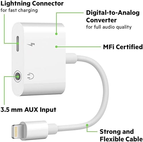Miniatura 2 de Paquete de 2 adaptadores de auriculares para iPhone, certificado Apple MFi 2 en 1 Lightning a audio AUX de 0.138 in + divisor de cargador compatible