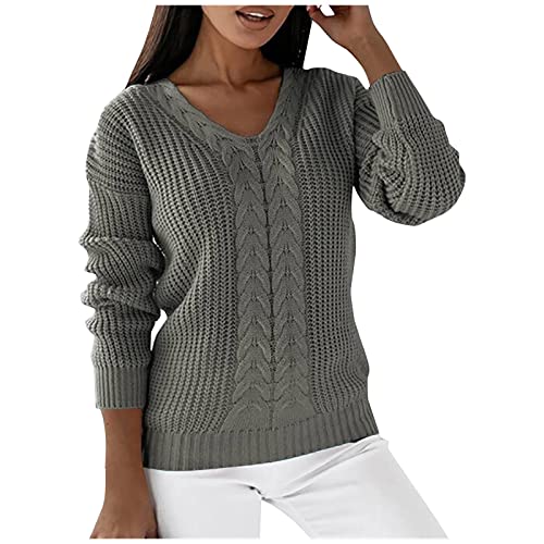 QUINTRA - Pull à manches longues pour femme et hiver, couleur unie, col en V, coupe ajustée, tendance, pull top haltère, gris, L