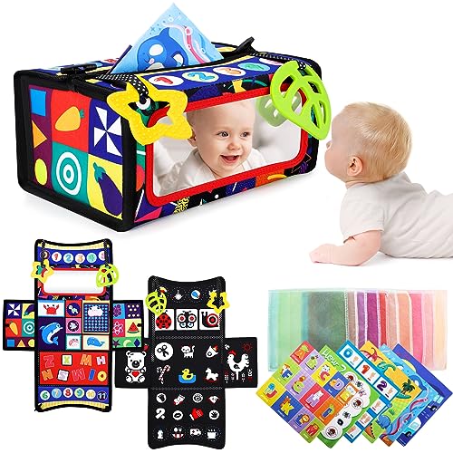 Image of URMYWO Tummy Time Mirror Toys, 3 in 1 Baby Toys 0-6 6-12 Months Newborn Infant Sensory Montessori Toys with Colorful Silk Scarves and Teethers Black and White High Contrast Tissue Box Activity Gift