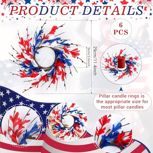 Image of 6 PCS Patriotic American Candle Rings Wreaths 4th of July Red White and Blue Floral Candle Rings Holder with Forsythia Flowers Mini Independence Day Wreath for Party Home Table Centerpiece Decor