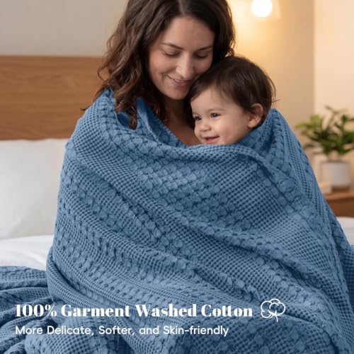 Image of PHF 100% Cotton Waffle Blanket Twin Size for College Dorm, Lightweight Breathable and Soft for Summer, Luxury Aesthetic Waffle Weave Blanket for Bed & Gifts for Women, 66 inchx90 inch, Denim Blue