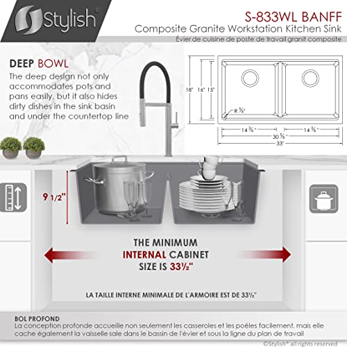 Stylish 33 Inch X 18 Inch Workstation Dual Mount Grey Granite Composite Double Bowl Kitchen Sink With Regular Strainers, Colander, Drying Rack And Cutting Board, S-833Wl #TOP5