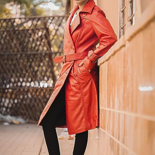 Jild Double Breasted Premium Leather Trench Coat for Women - Classic Lapel Car Coat Style Long Leather Jacket Women with Belt4