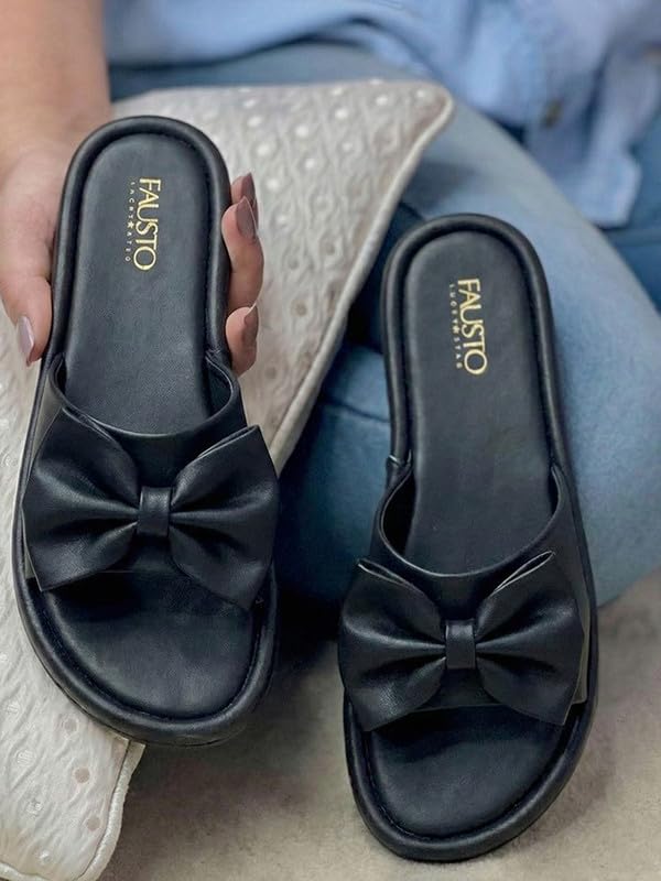 Image of FAUSTO Women Open Toe Bow Design Slip On Sliders | Extra Comfort Cushioned Insole Slippers | Classic Flat Sandals for All Day Long