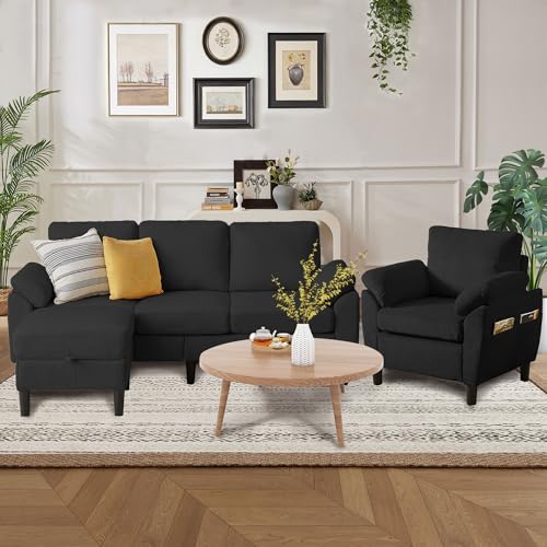 Image of 3 Pieces Corduroy Sofa Set for Living Room with Sofa, Storage Ottoman and Single Chair