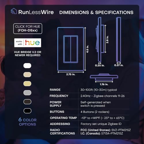 Image of RunLessWire Click for Hue Battery-Free Wireless Smart Switch 3 Pack Ivory | Dimmable Kinetic Switch Pairs Natively to Philips Hue Bridge, 4 Programmable Buttons to Control Scenes & Areas, 100ft Range