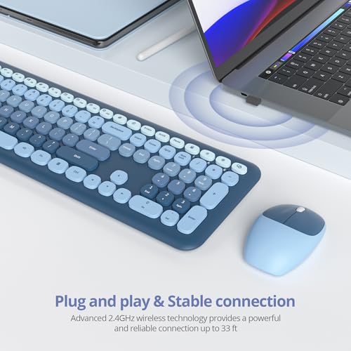 Vumilstek Blue Quiet Keyboard and Mouse Wireless, Full Size Silent Keyboard Cute Typewriter American QWERTY 2.4G Cordless Round Keys for Office Home Dorm PC/Laptop/Desktop(Ocean Blue) - Image 2
