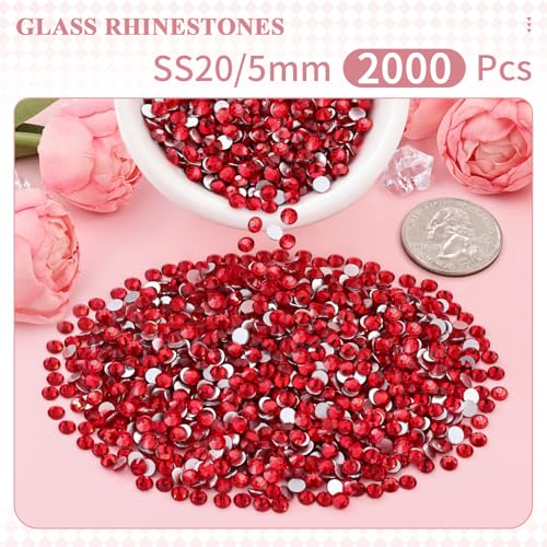Image of 2000PCS SS20 /5mm Crystal Glass Rhinestones for Bedazzling (Red /Siam) | Flatback Rhinestones for Crafting DIY Nail Art Makeup Decoration, Gems Diomand Charms for Tumbler Shoes Clothing Mug