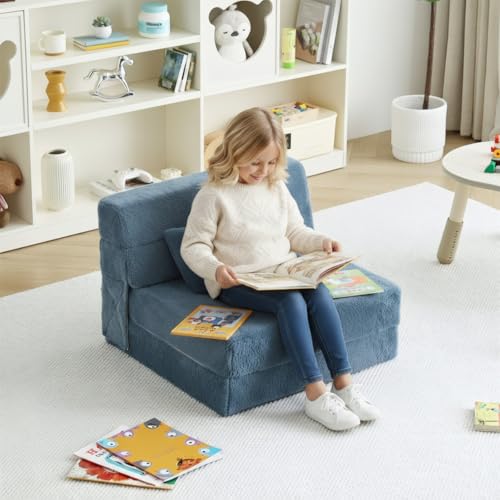 Image of Tiita Convertible Folding Kids Sofa Bed with Pillow & Storage Bag, Plush Fabric Floor Mattress Couch Bed, Washable Cover, Kids Room, Playroom, Dorm, Apartment, Blue Grey