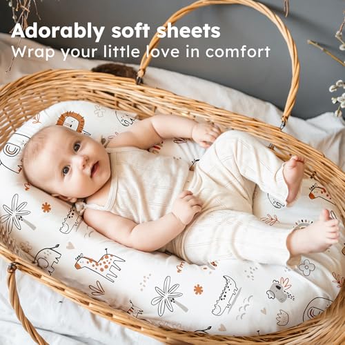 Image of Baby Bassinet Sheets, 3 Pack Fitted Bassinet Mattress Sheets, Compatible with Halo Bassinest Swivel Sleeper & Oval Hourglass Rectangle Mattress, Ultra Soft Orange Animal World