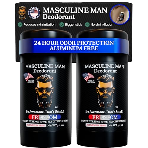 MASCULINE MAN Deodorant for Men - Aluminum Free Mens Deodorant - Natural Deodorants - Sweat Protection for Underarm - Stain-Free Stick Deodorants - Made in USA, 3.2oz (Pack of 2, Freedom)