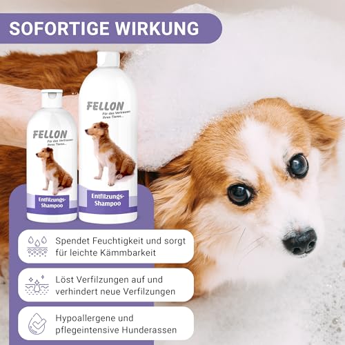 Fellon Entfilzungsshampoo für Hunde – Sanfte, pH-neutrale Pflege für leichtes Entfilzen – Biologisch – Für alle Rassen, Langhaar & Kurzhaar – Verhindert Verfilzungen & Juckreiz – 500 ml