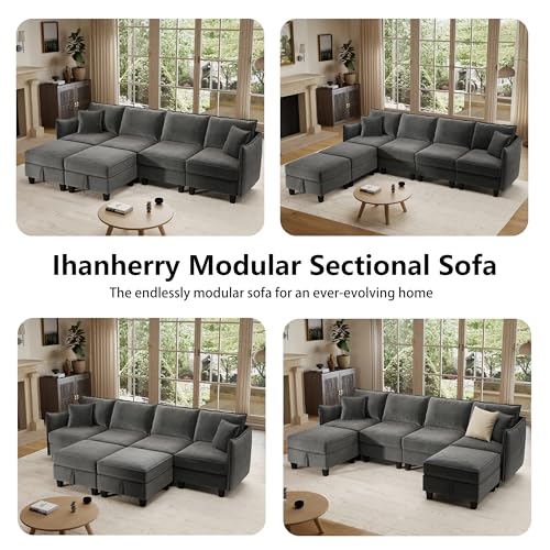 Image of Ihanherry 112 inch Modular U-Shaped Sectional Sofa, Modern 6-Seat Cloud Couch with 2 Storage Ottomans, Comfy Chenille Convertible Furniture Set for Living Room, Apartment, Easy Assembly, Dark Grey