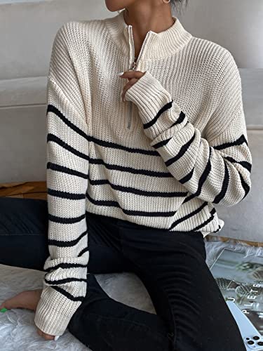 Makemechic Women's Casual Striped Half Zip Up Drop Shoulder Long Sleeve Sweater Pullover Top Apricot M #TOP2