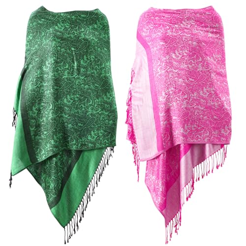 Hercicy 2 Pcs Pink Green Paisley Pashmina Shawl Wrap with Fringes Women Ethnic Two Tone Rave Pashmina Witch Princess Scarf