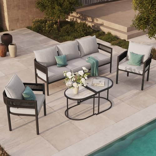 Grand patio 5-Piece Outdoor Furniture Set, 5 Seats Wicker Sofa Conversation Set with 3-Seat Couch, Thick Cushions and Coffee Table, for Backyard, Balcony, Garden (Beige)