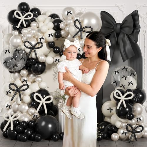 Image of JOGAMS 199Pcs Black and White Balloons Arch Garland Kit, Black Bow Party Decorations with 260 Clear Ribbon Pearl White Balloons for Bow Coquette Birthday Decorations Bachelor Baby Shower Bridal Shower