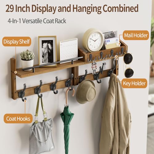 Image of 29 inch Coat Rack Wall Mount with Shelf, Entryway Wall Shelf with Hooks, Heavy Duty Coat Hanger Wall Mount with Key Holders and Mail Organizer for Living Room, Bedroom, Brown