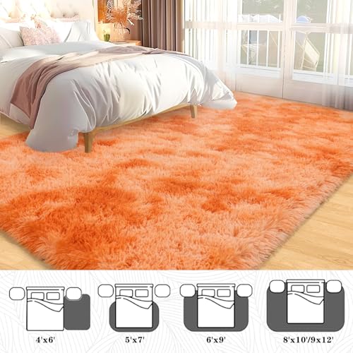 Kids Rugs for Bedroom, 5x7 Fluffy Shaggy Rugs for Living Room, Soft & Non Slip Fuzzy Orange Tie Dye Shag Rug for Girls Room Dorm Home Decor, Modern Indoor Floor Rug