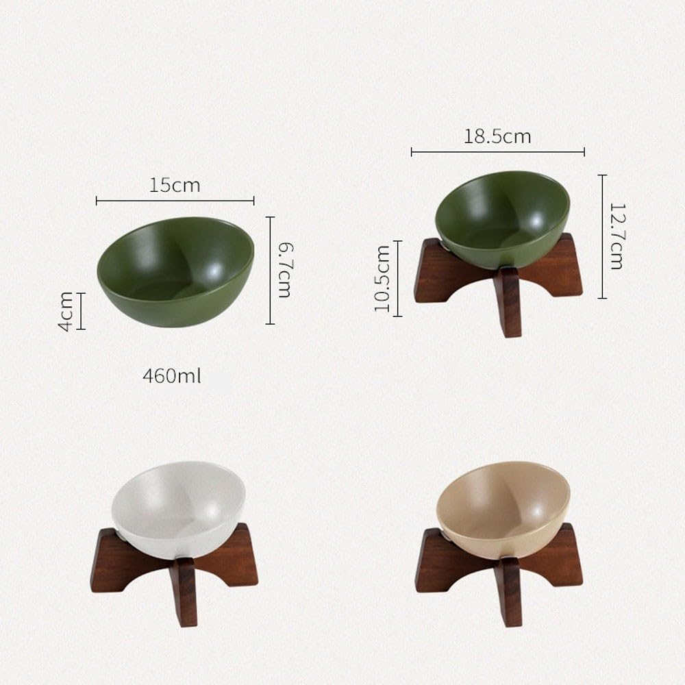 Ciotola for Cani e Gatti in Ceramica con Supporto in Legno, Piatto Inclinato Antiscivolo for Animali(Green)