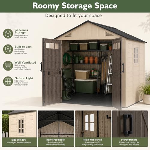 Image of Aoxun 8x8 Ft Outdoor Storage Shed with Floor, Large Resin Outdoor Shed with Lockable Door & Windows, Garden HDPE Sheds for Lawn Tools, Pool Supplies & Bikes