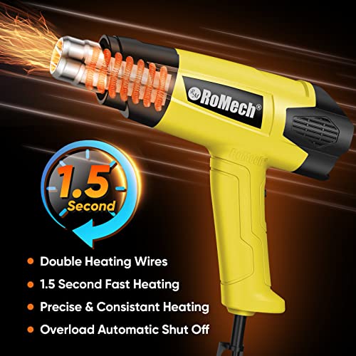 Romech Heat Gun 1500W Variable Temperature Control With 2 Air Volume Setting Heavy Duty Hot Air Gun Kit 120°F~1200°F (50°C~650°C) With 4 Nozzles For Crafts Shrink Wrap (Yellow) #TOP2