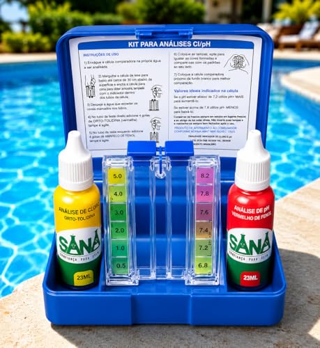 Kit de Teste para Piscina, Análise de Cloro, pH e Alcalinidade, com Vermelho Fenol e Orto-tolidina
