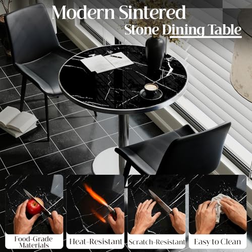 Image of 63 inch Tulip Table, Small Round Dining Table with 1.2 inch Thick Sintered Stone Tabletop and Silver Metal Pedestal Base, Bistro Table for Diner, Bar, Restaurant, kitchen, Bakery, Apartment (Marble Black)