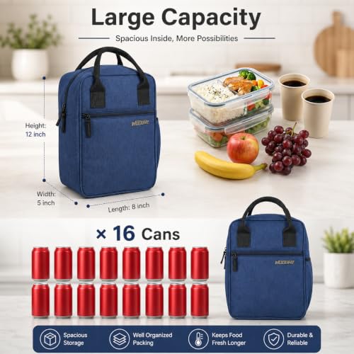Image of Wooum 7.5L Thermal Insulated Lunch Bag for Office Men Women Large Tiffin Bag with Bottle Holder Food Bag Insulated Lunch Box Carry Bag (Navy Blue)