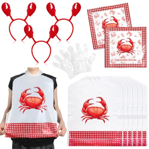 Chicingyou 33 Pcs Seafood Boil Party Supplies Disposable Plastic Crab Bibs Gloves and Red Crayfish Lobster Claws Headband Crab Boil Accessories Feasts Supplies