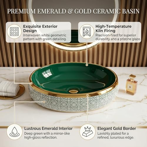 Image of BASSINO 24x16x6 Inches Table Top Washbasin /1 Year Warranty /Ceramic Wash Basin for Bathroom /Oval Shape Counter Top Wash Basin for Restaurant /Dining Hall /Living Room /Home(Glossy Green & Gold)