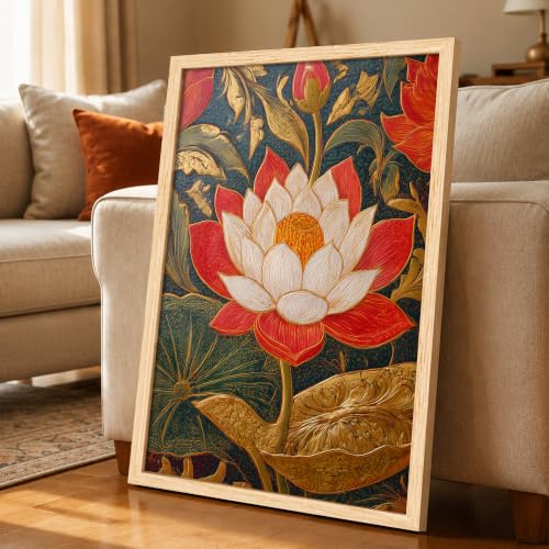 Image of PAINTINGMANTRA Traditional Indian Textured Embossed Lotus Framed Wall Art Painting for wall decoration, Red & Gold Blooming Lotus Motifs Poster with frame for living room, bedroom, Home and office, 10x13 Inch