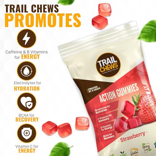 Image of Trail Chews - Strawberry Flavor - 4-in-1 Energy Gummies for Energy, Hydration, Immunity, and Recovery. 50mg Yerba Mate Caffeine, 403mg Essential Vitamins, and 1000mg BCAAs per Serving. Plant-Based & Gluten-Free. 12 Single-Serving Bags, 10 Gummies Each.