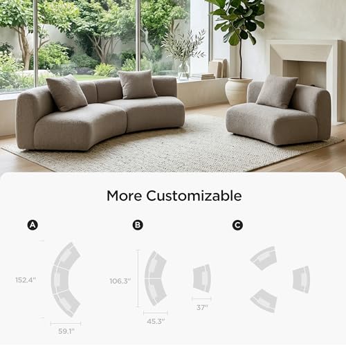 Image of Acanva Formia Boucle Curved Sectional Sofa, 3 Armless Chairs, Light Coffee