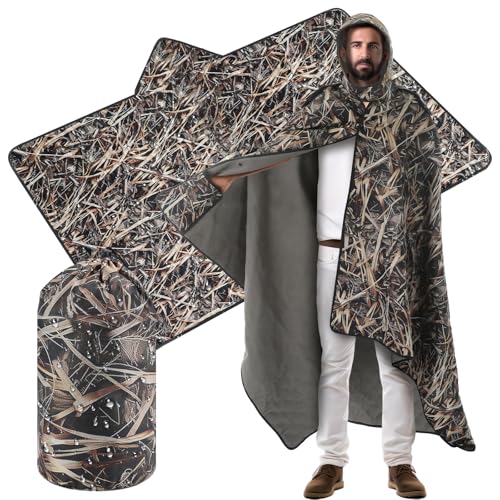 55 x 95 Waterproof Woobie Camo Blanket for Hunting Extra Outdoor Stadium Blankets Sherpa Lining with Hood and Storage Pocket for Deer Duck Hunting Gear Blind Accessories(Waterfowl Grass Camo)