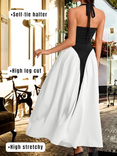 Image of ChiaoLezhee Deep V Neck Dress, Halter Maxi Dresses, Vacation Date Night, Sexy for Women Corset Flowy Wedding Guest Drop Waist