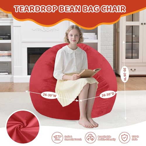 2FT Bean Bag Chair, Comfy Bean Bag Chairs with Memory Foam Filled, Fluffy Beanbag Sofa with Dutch Velvet Cover, Teardrop BeanBag Chairs for Living Room, Playroom - Red