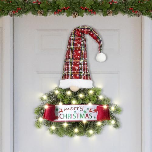 Christmas Wreath Gnomes with Lights, Lighted Gnomes Christmas Door Wreath, Christmas Wreath for Front Door, Christmas Door Welcome Sign Christmas Decorations Wreath