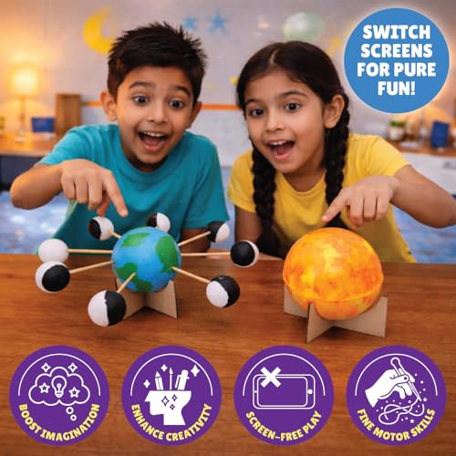 Image of Kalakaram DIY Earth-Sun-Moon Model Kit | 3D Informative 3-in-1 Space Toy for Kids | DIY STEM Educational & Science Toy | Paint & Learning Craft Activity Set | Birthday Gift for Boys & Girls Ages 7+