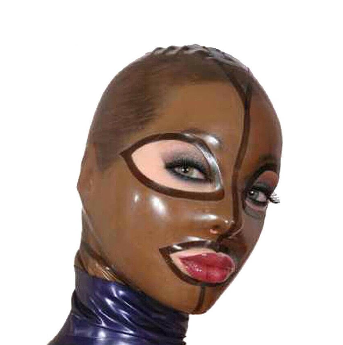 YIYELIY Stripe Latex Hood Back Zipper latex Head Cover Open Eyes Mouth Rubber Mask Cosplay Party Masks (Brown,XS)