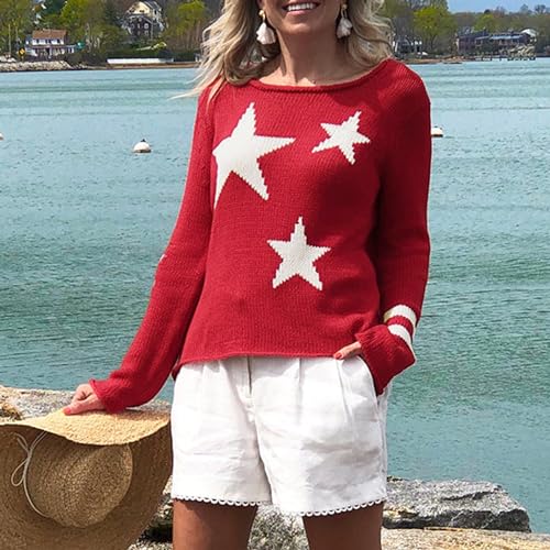 Image of Women American Flag Sweater Loose Vintage USA Sweatshirt Long Sleeve Crewneck Hollow Out 4th of July Jumper