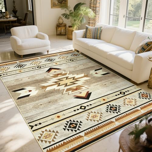 BENRON Western Area Rugs for Living Room Bedroom 5x7, Washable, Beige Brown