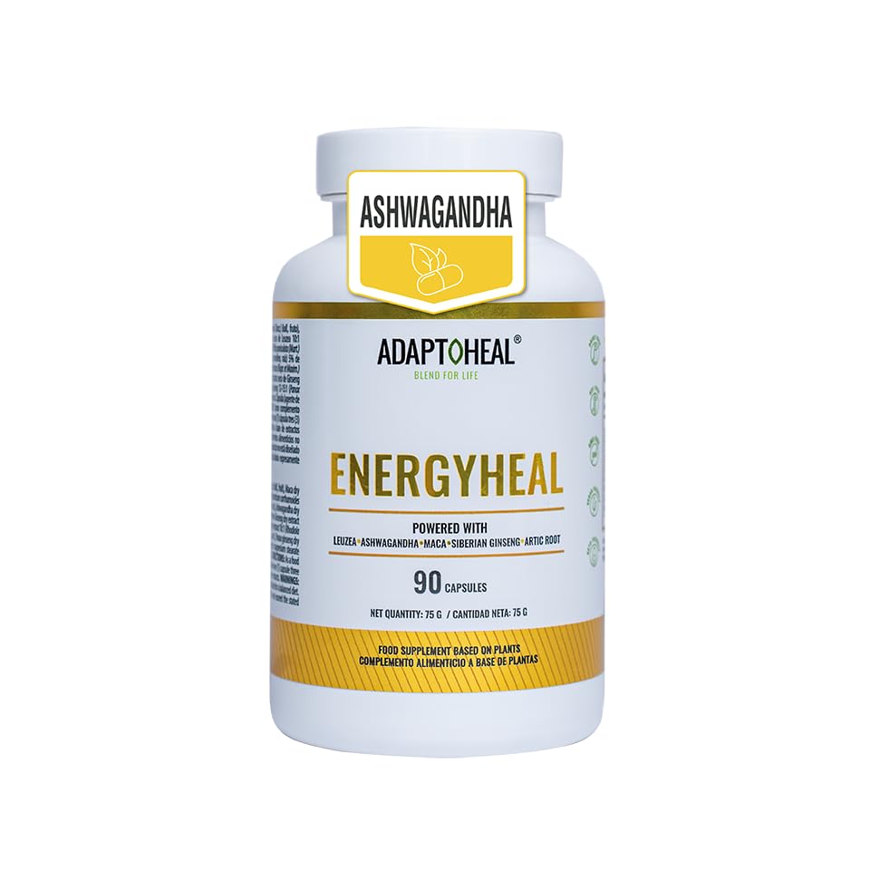 Adaptoheal Energyheal Complemento Alimenticio- Aumenta la Energía, la Concentración y la Vitalidad a Base de Plantas como Ashwagandha, Rhodiola Rosea, Maca–Vegano, Sin Gluten ni Lácteos (90 Cápsulas)