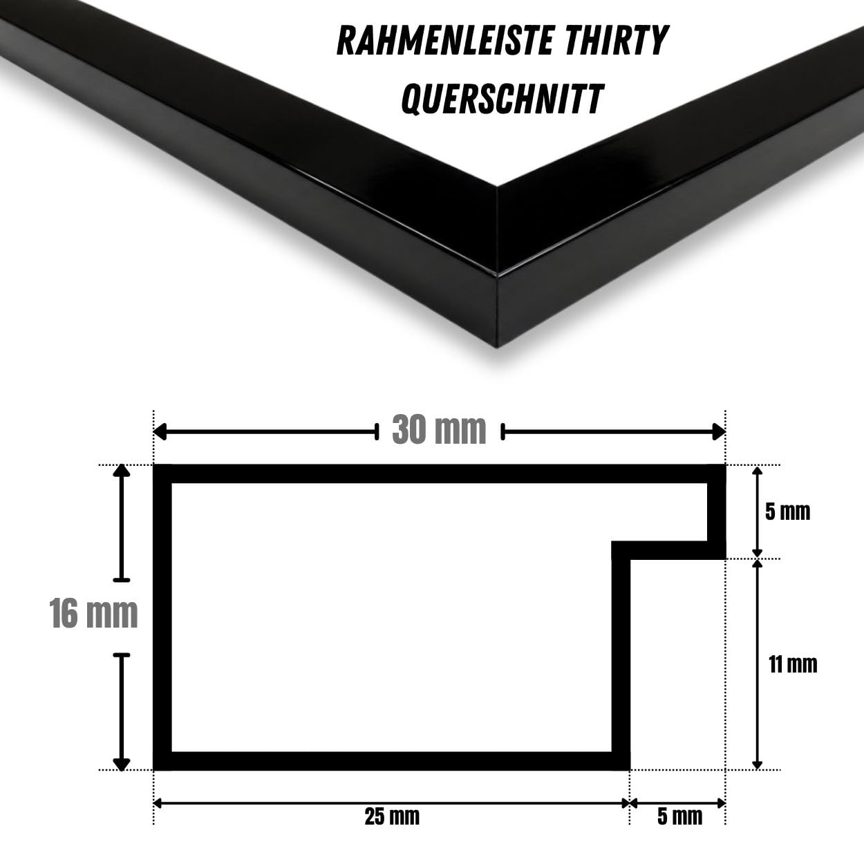 Online-GalleryKing OGK Thirty Bilderrahmen 61x132 cm Schwarz Hochglanz - Vollummantelter MDF-Rahmen (30 mm breit) mit Anti-Reflex Kunstglas - Bilder- & Fotorahmen handgefertigt in Deutschland