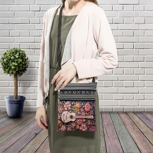 Floral Guitar Messenger Bag Small Ethnic Pattern Printed Adjustable Strap Crossbody Zipper Bag Floral Guitar Phone Bag Wallet Cute Shoulder Handbag for Women3