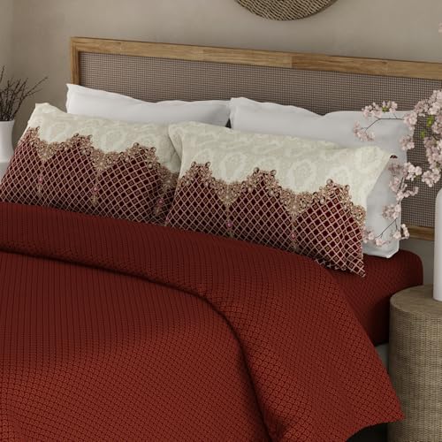 Image of BOUTIQUE LIVING Heritage Walk 100% Egyptian Cotton 200 TC Red Ethnic Print King Bedsheet with 2 Pillow Covers