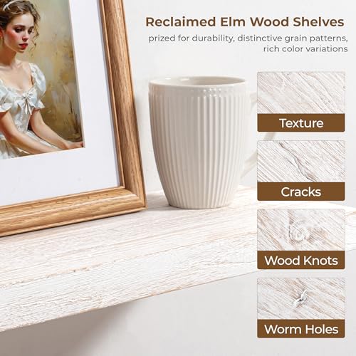 Image of Floating Shelves for Wall, 56in Reclaimed Elm Wood Shelves, White | 8 inch Deep Wall Shelf, Invisible Bracket, Large Long Wall Mounted Shelves, Living Room, Bedroom, Kitchen, Bathroom