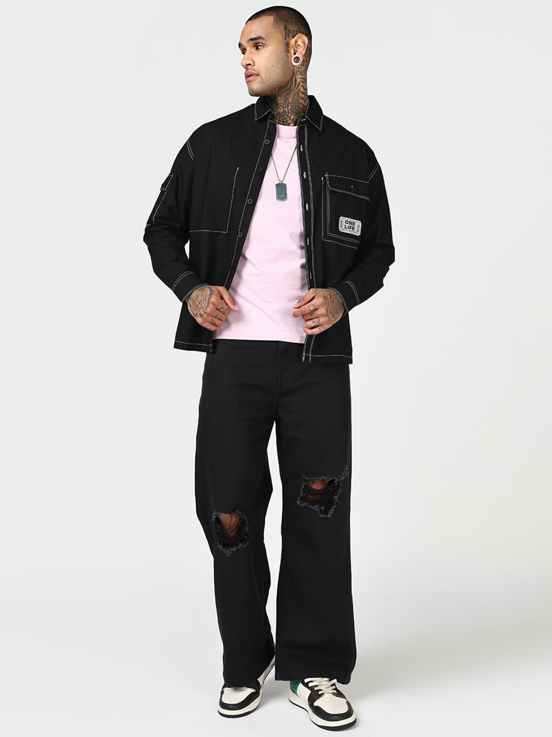 Bewakoof Camicia da uomo in popeline con colletto a maniche lunghe oversize